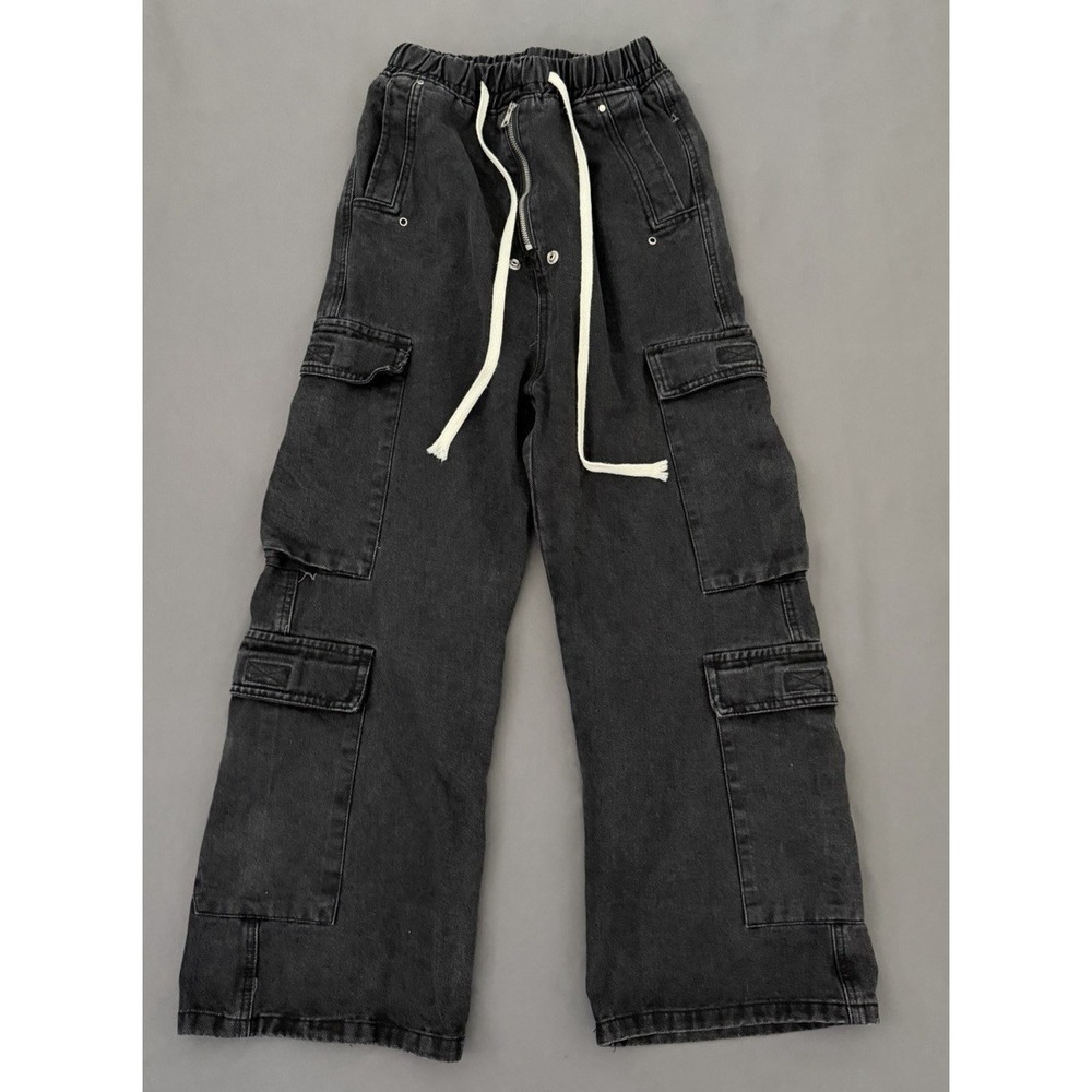 Womens Jeans Size Large Black Baggy Cargo Elastic Waist Wide Leg Grunge